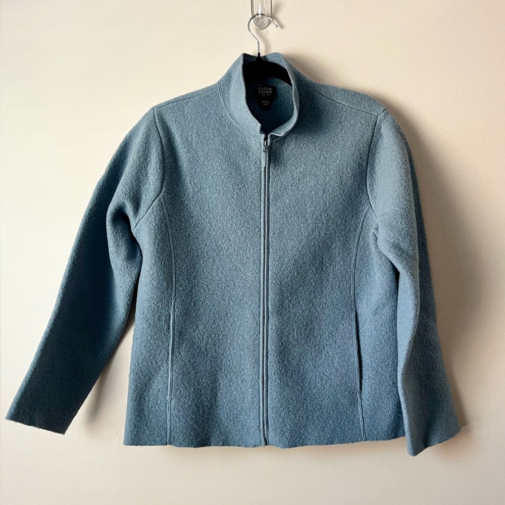 Eileen Fisher Boiled Wool Zip Petite Medium Jacket Boxy Dusty Blue Sustainable